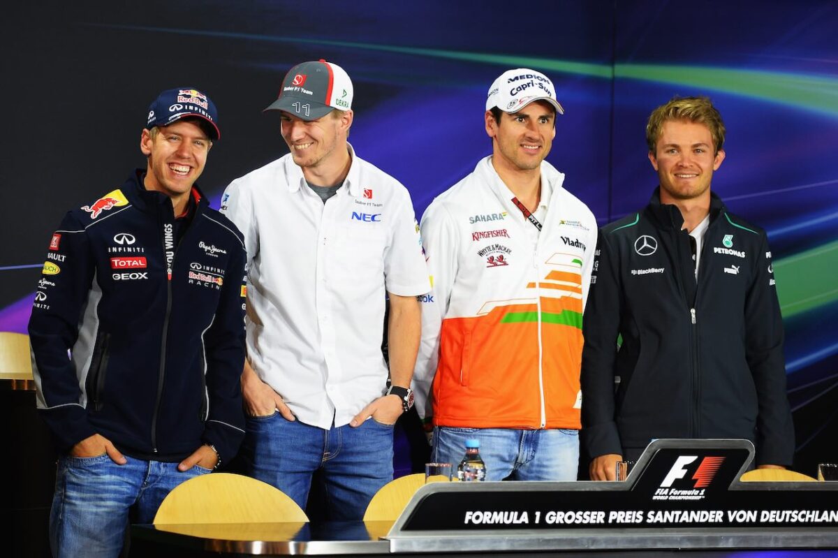 Sebastian Vettel, Nico Hulkenberg, Adrian Sutil en Nico Rosberg