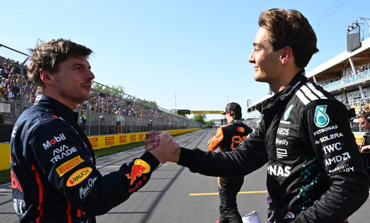 Max Verstappen en George Russell