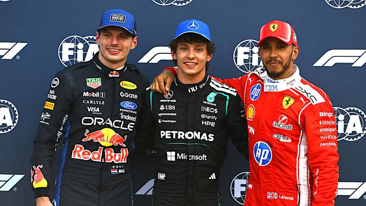 Max Verstappen, Kimi Antonelli en Lewis Hamilton na de kwalificatie in Monaco