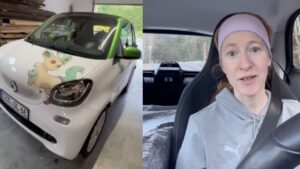 Met een toilet, bed en keuken: Vrouw bouwt Smart om tot een minicamper en begint aan een avontuur