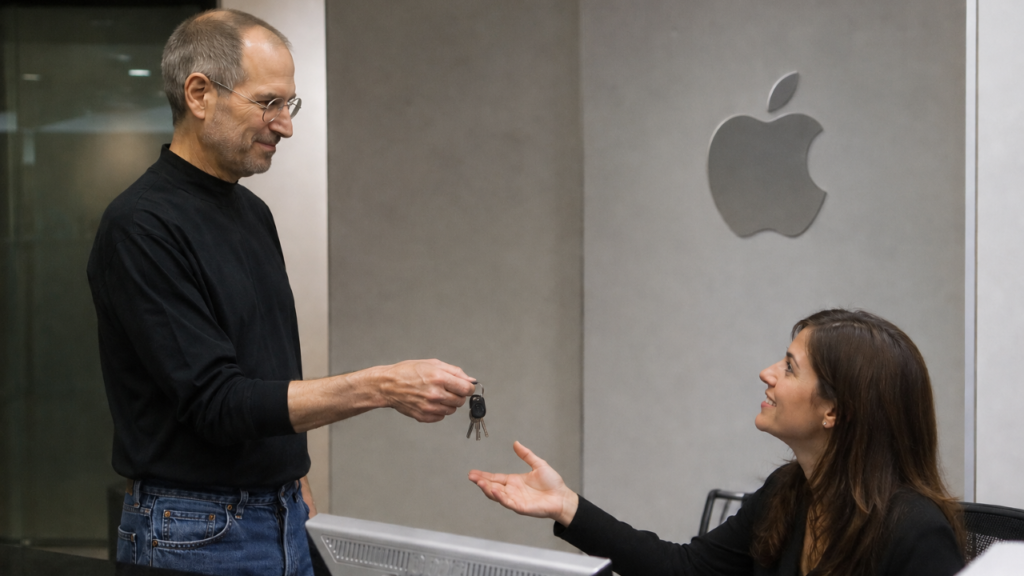 Secretaresse van Steve Jobs was te laat op haar werk omdat haar auto niet wilde starten, dus gaf hij haar de sleutels van een gloednieuwe Jaguar en zei: ‘Hier, zorg dat je nooit meer te laat komt’