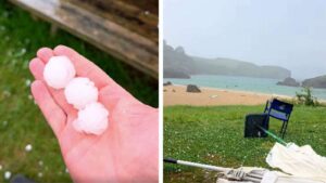 Hagel op een snikhete zomerdag: Middellandse Zeestrand binnen enkele minuten bedolven onder hagelstenen