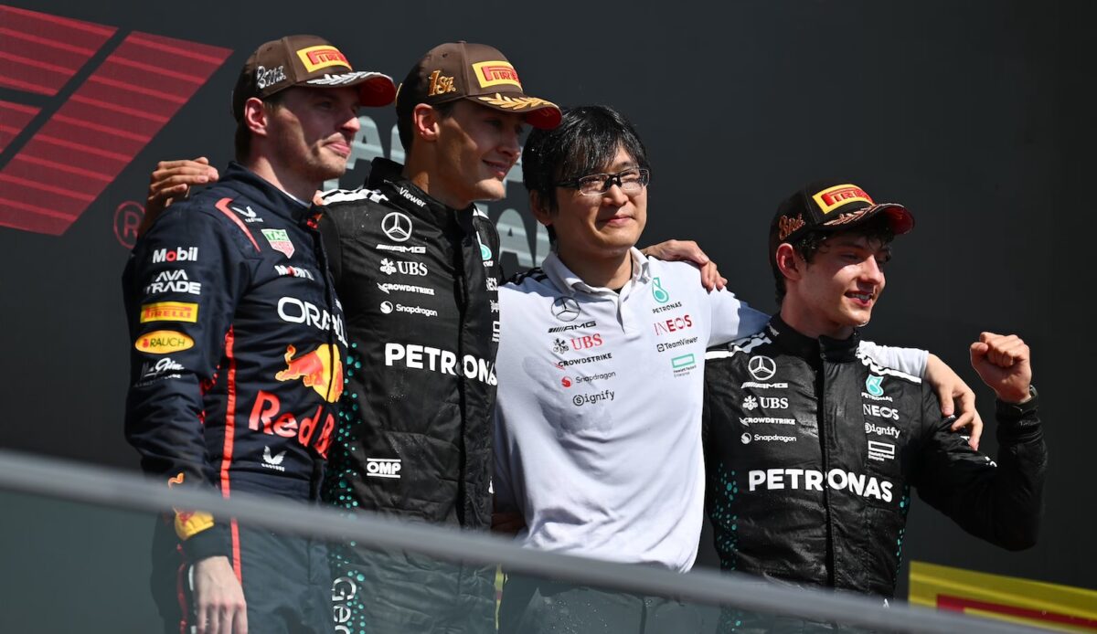 Max Verstappen, George Russel en Kimi Antonelli